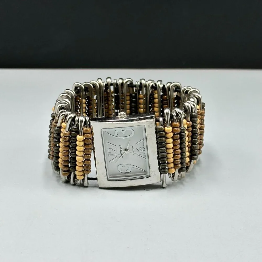 3/$30 Geneva Watch Women Silver Brown Wood Beads Safety Pins Stretch Band 7.25